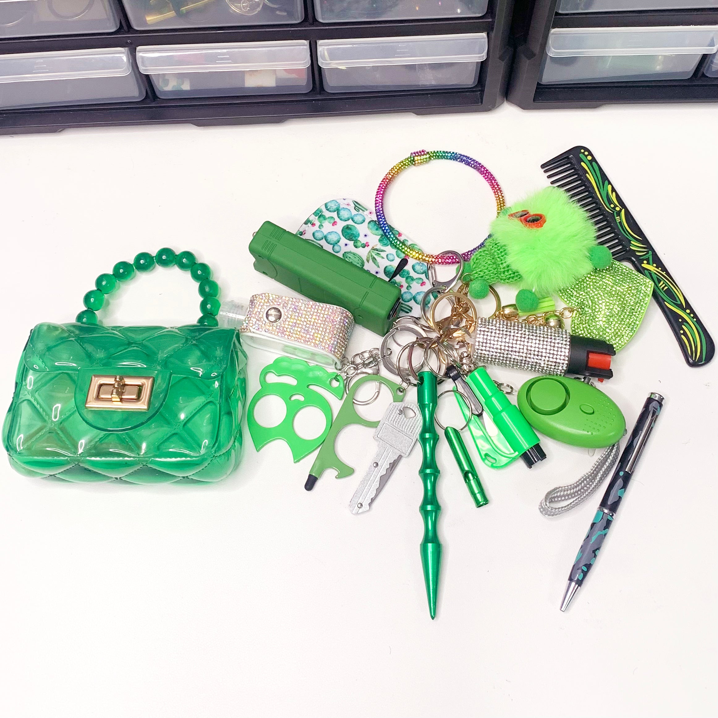 Green Self Defense Key Chain Set With Handbag-17pcs