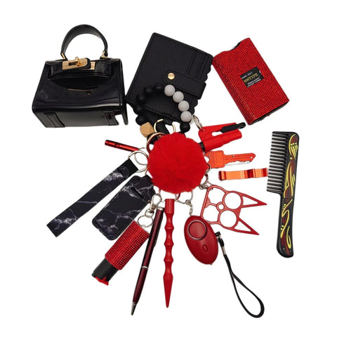 17pcs Kechains Sets With Wristlet Bracelet Wallet,Mini Bag，Comb，Pen For Women And Girls
