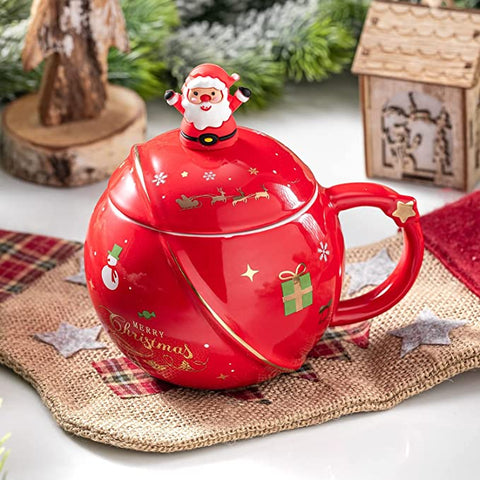 Cute Christmas Mug With Lid And Spoon, Mug Gift Red 450ml/15oz