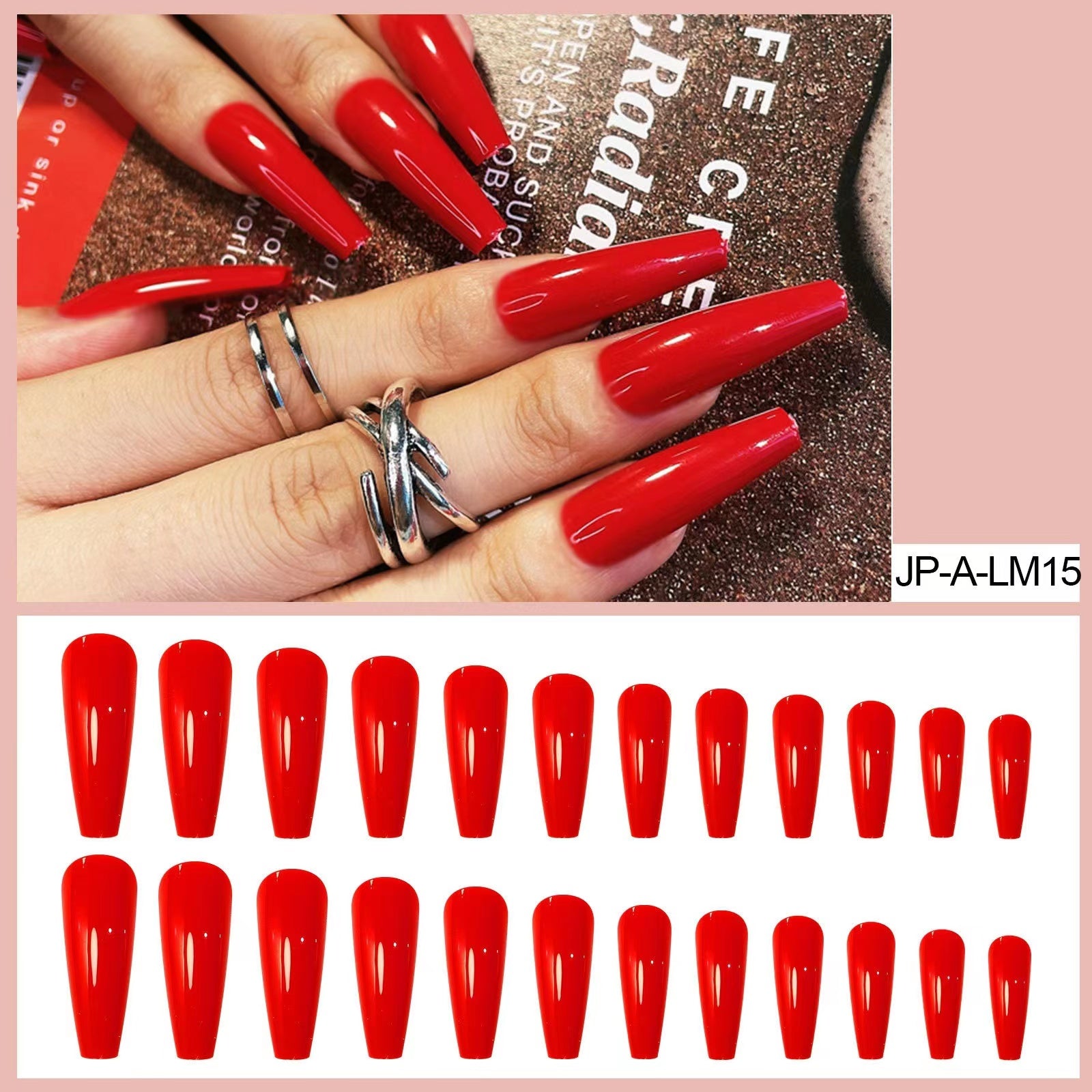 24pcs Long Fake Nails in Red -JPALM15